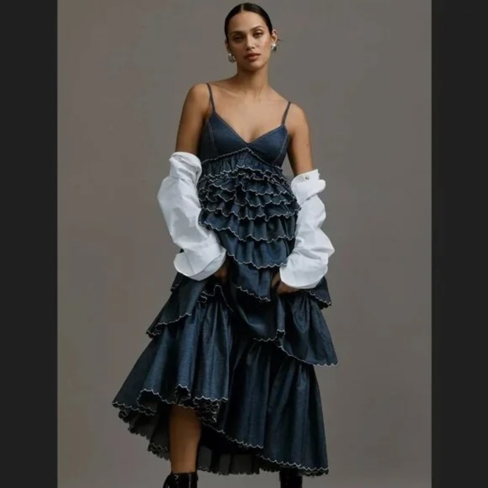 NEW Anthropologie Tiered Denim Maxi Dress Denim XS